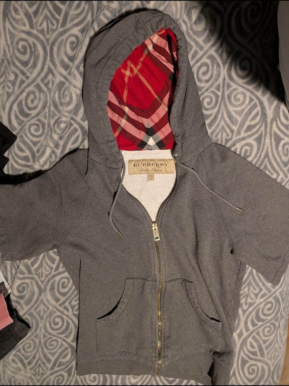Burberry Gray Zip Hoodie with Red Plaid Hood Lining